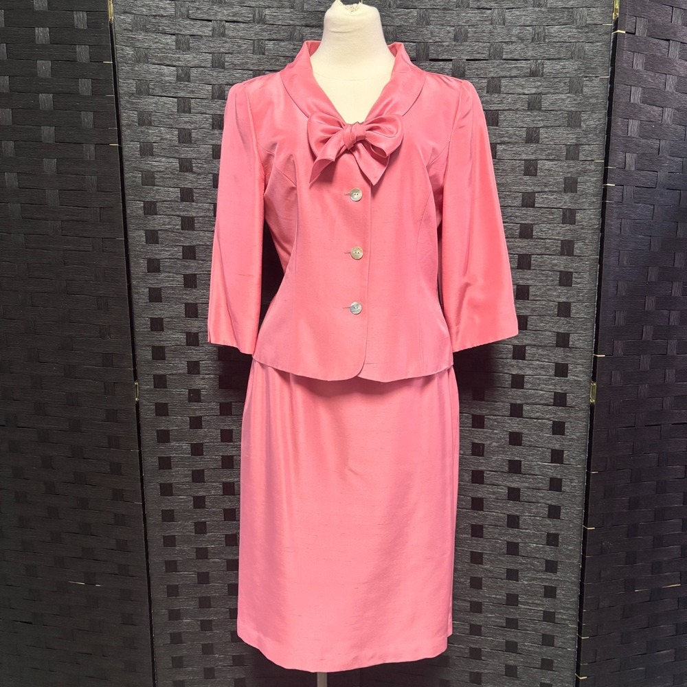 Talbots Womens 12 Skirt Suit Pink Pure Silk Bow Blazer Pencil Skirt Barbiecore